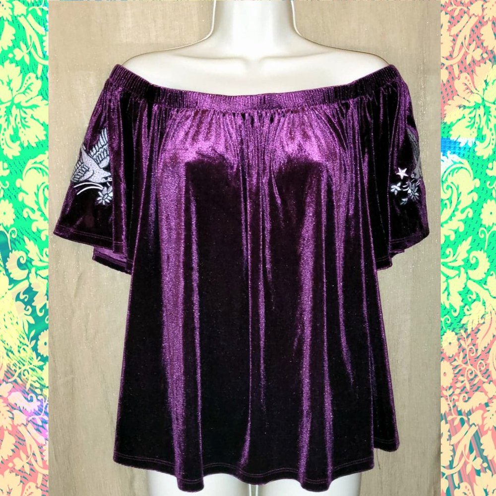 Off the Shoulder Velour Shirt with Embroidered Sleeves